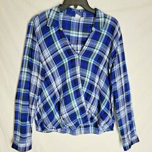 Gap Women's Long Sleeve Shirt Blue White Plaid Elastic Waist V Neck Size Medium
